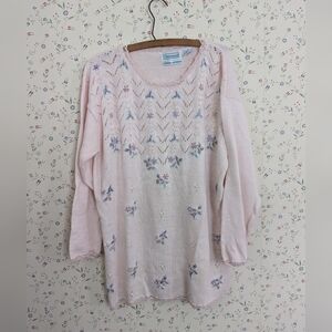 🩷 Shenanigans Pink Sweater Pearls Pastel Embroidery Raimie Cotton Crochet Knit